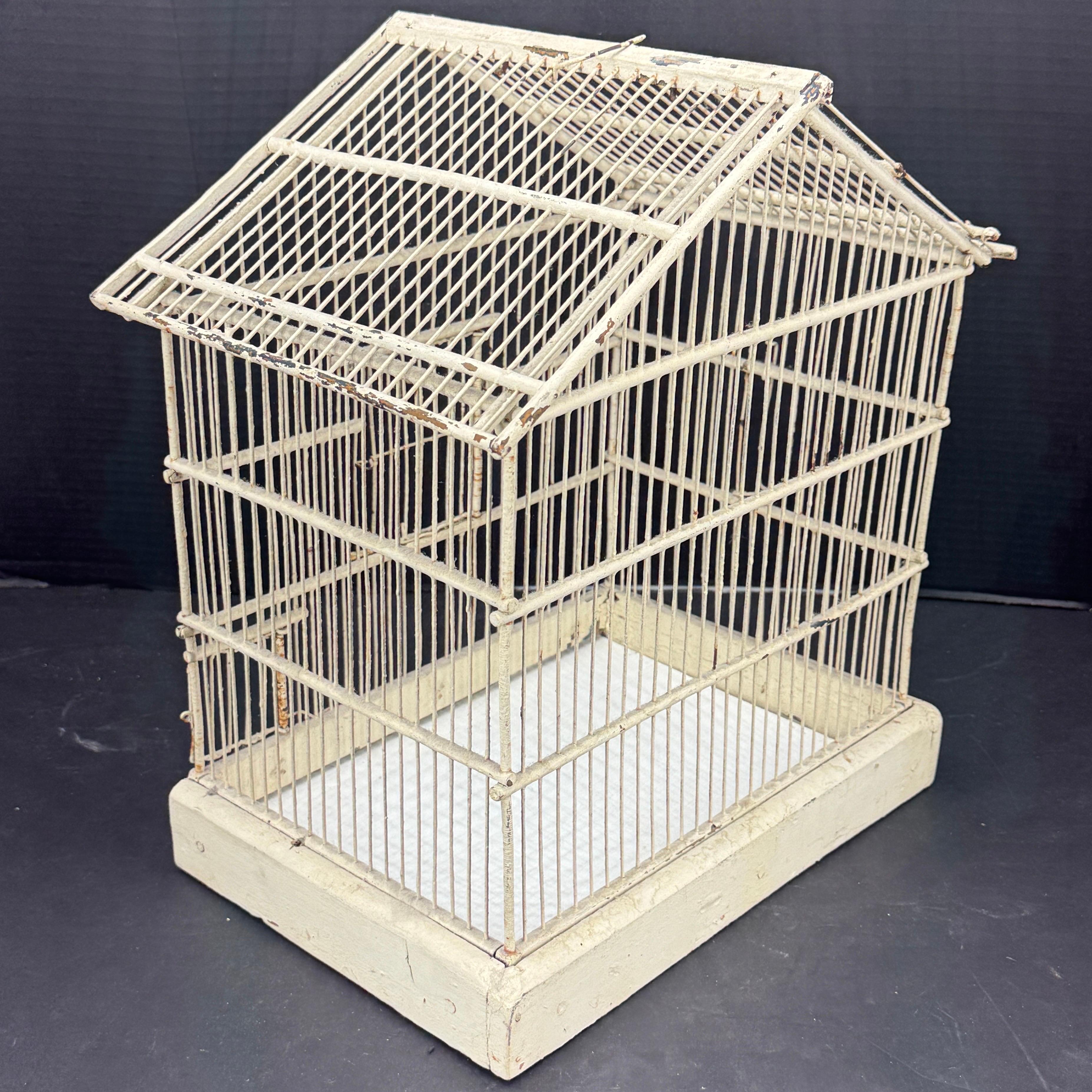 Vintage French Iron Wood Painted Birdcage For Sale 2