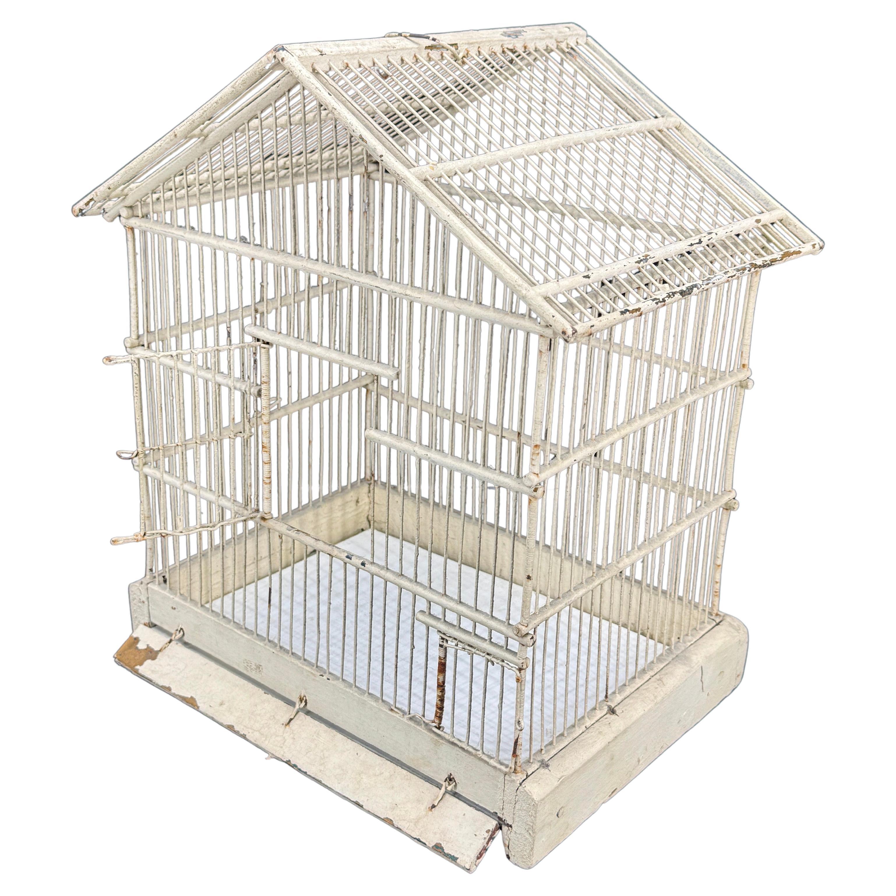 Vintage French Iron Wood Painted Birdcage