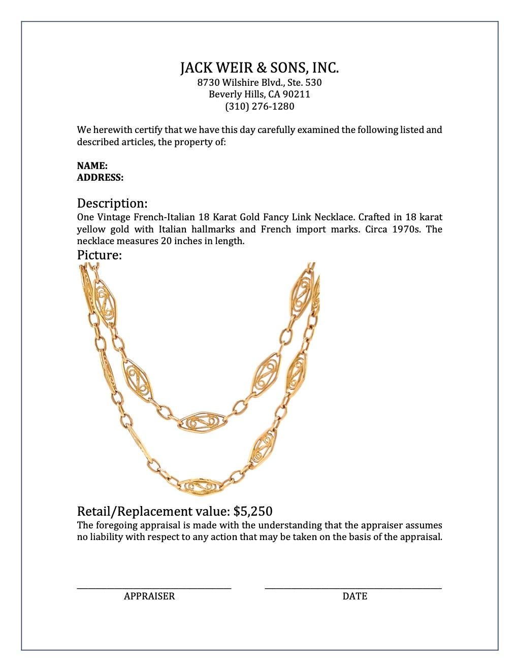 Women's or Men's Vintage French-Italian 18 Karat Gold Fancy Link Necklace