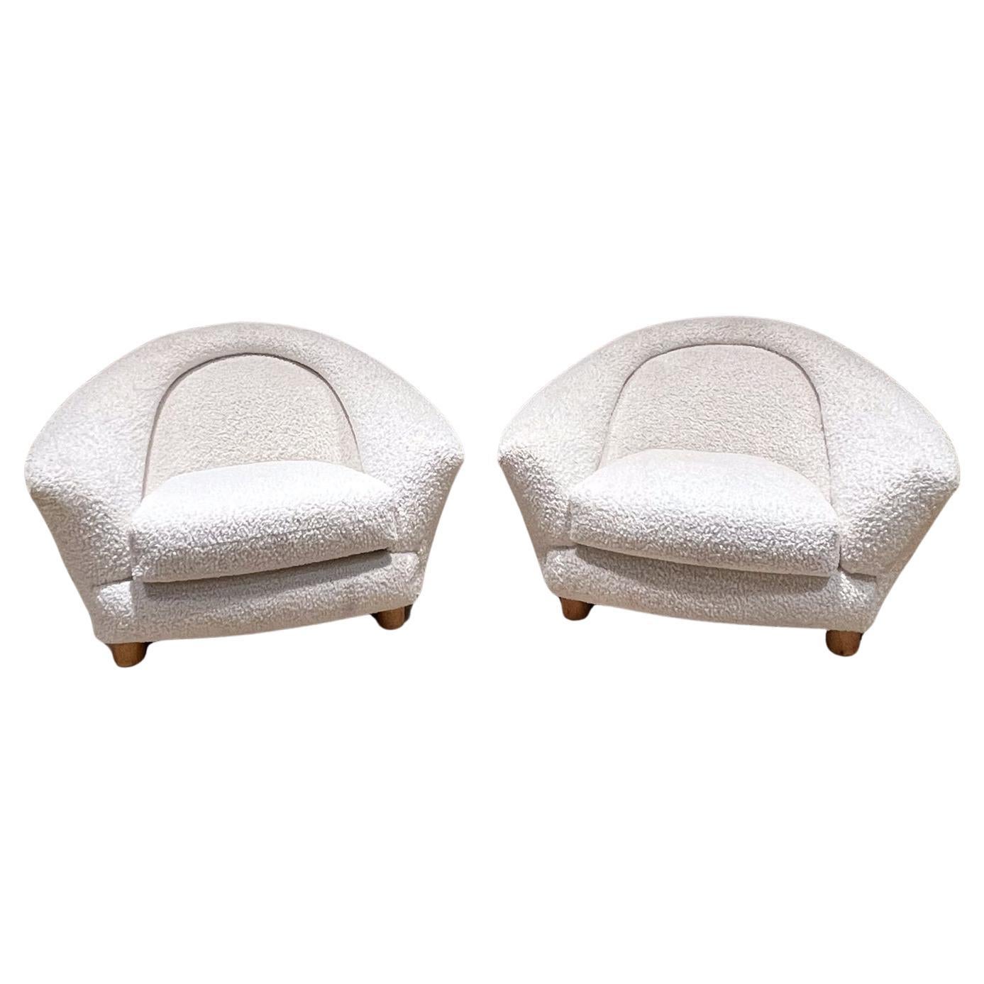 Vintage French Ivory Lounge Chairs Inspired by Jean Royère For Sale