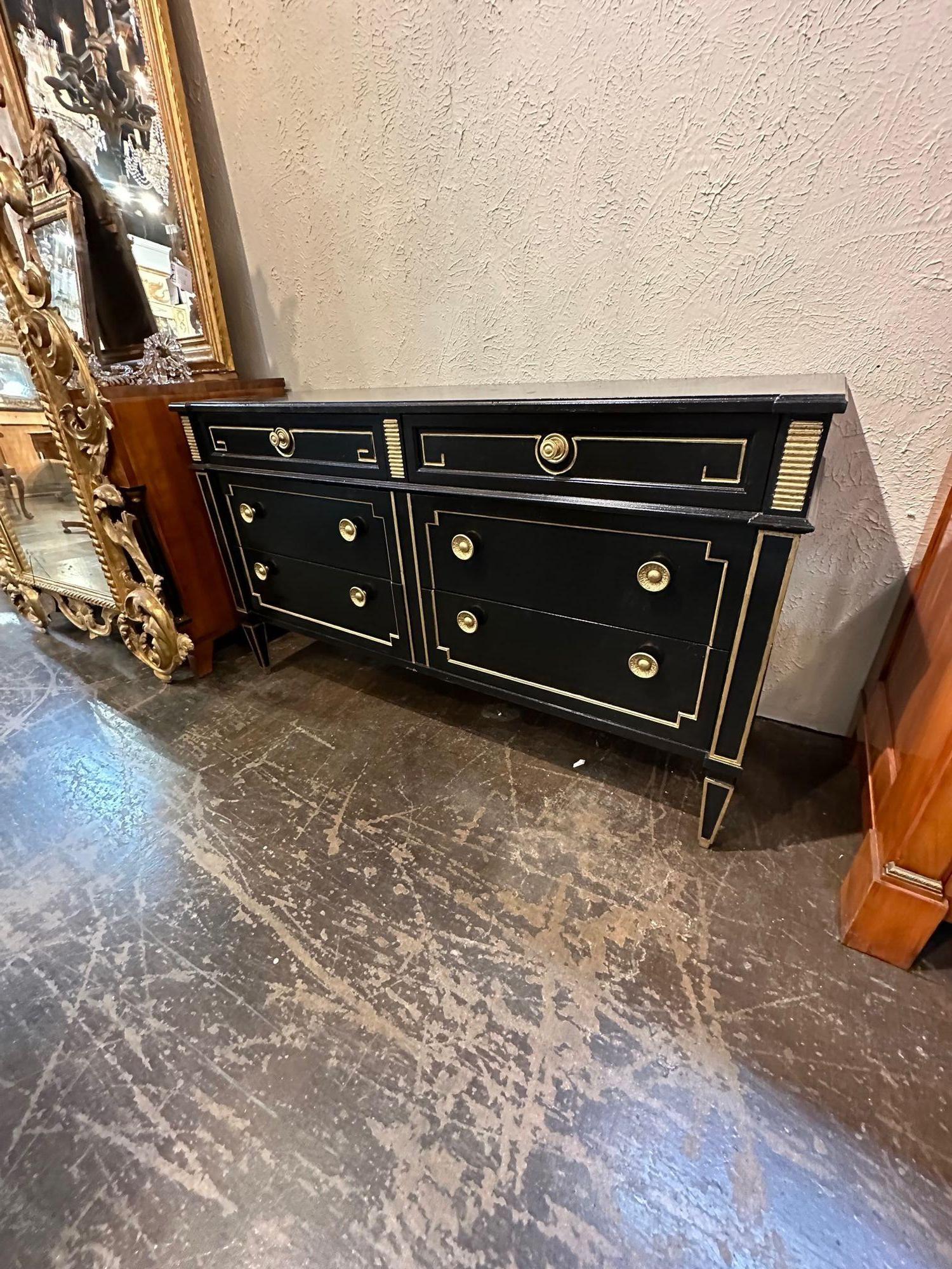 Vintage French Jansen Louis XVI Style Black Lacquered and Gilded Dresser In Good Condition For Sale In Dallas, TX