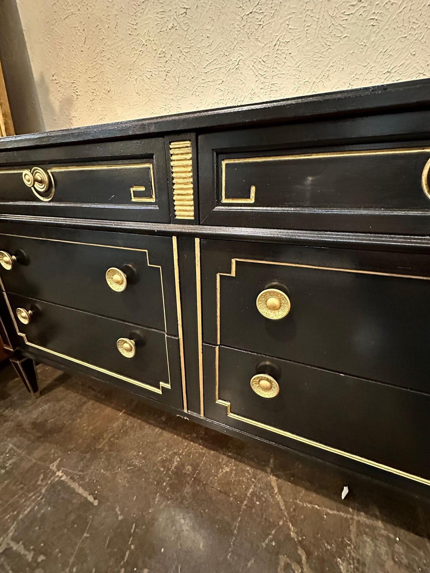 20th Century Vintage French Jansen Louis XVI Style Black Lacquered and Gilded Dresser For Sale