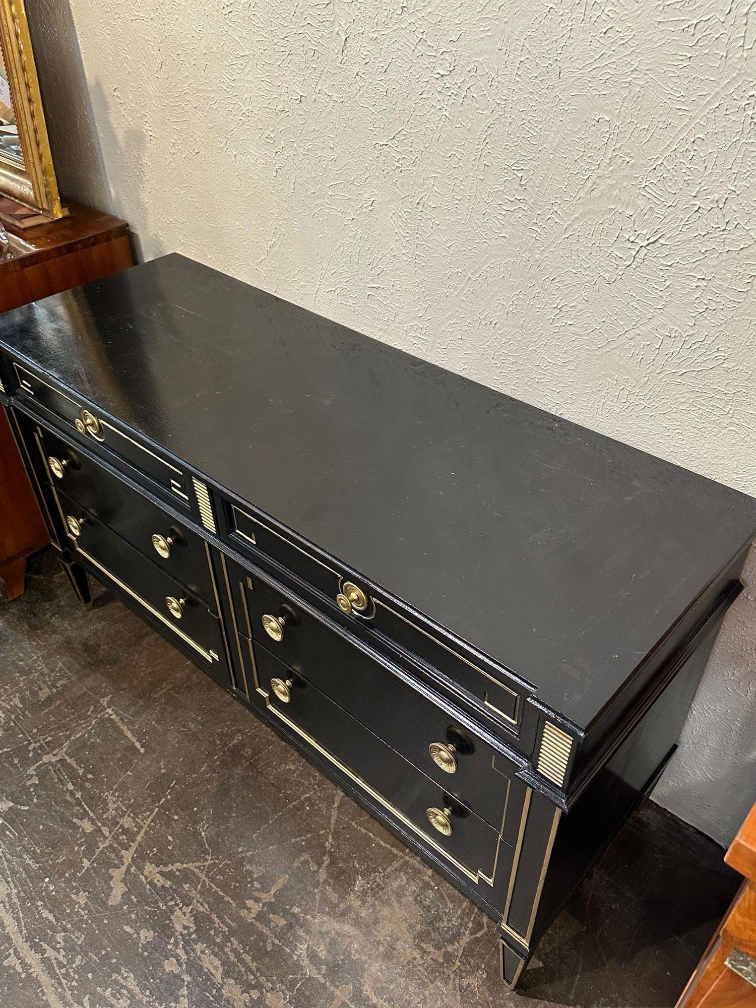Vintage French Jansen Louis XVI Style Black Lacquered and Gilded Dresser For Sale 1