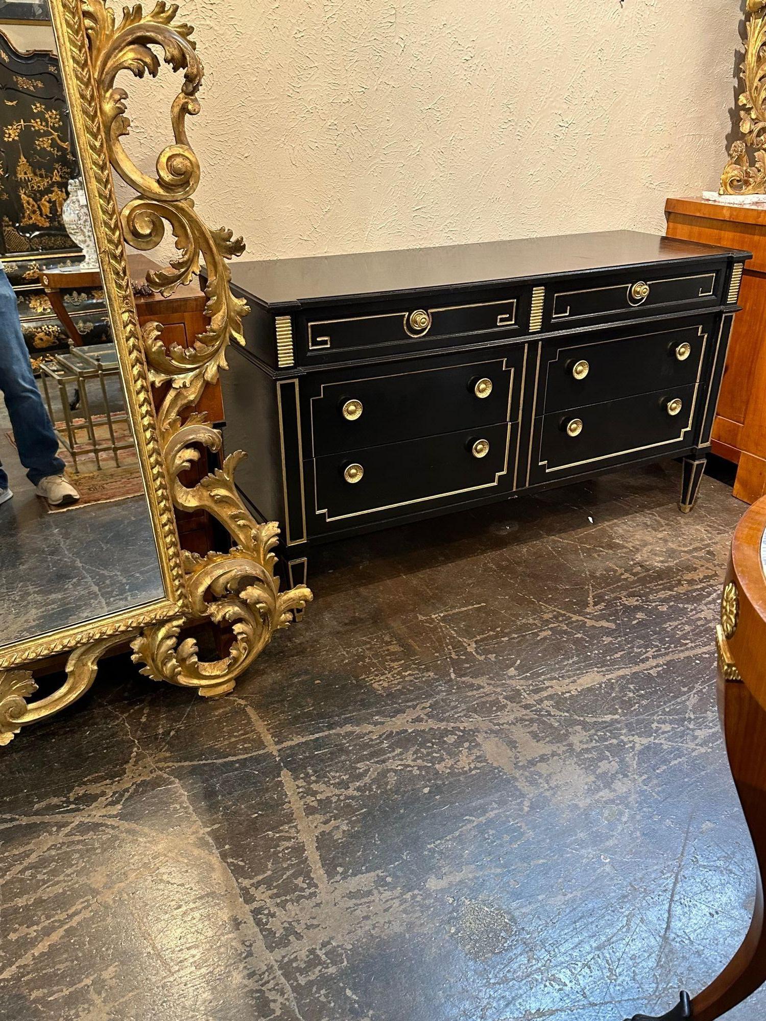 Vintage French Jansen Louis XVI Style Black Lacquered and Gilded Dresser For Sale 2