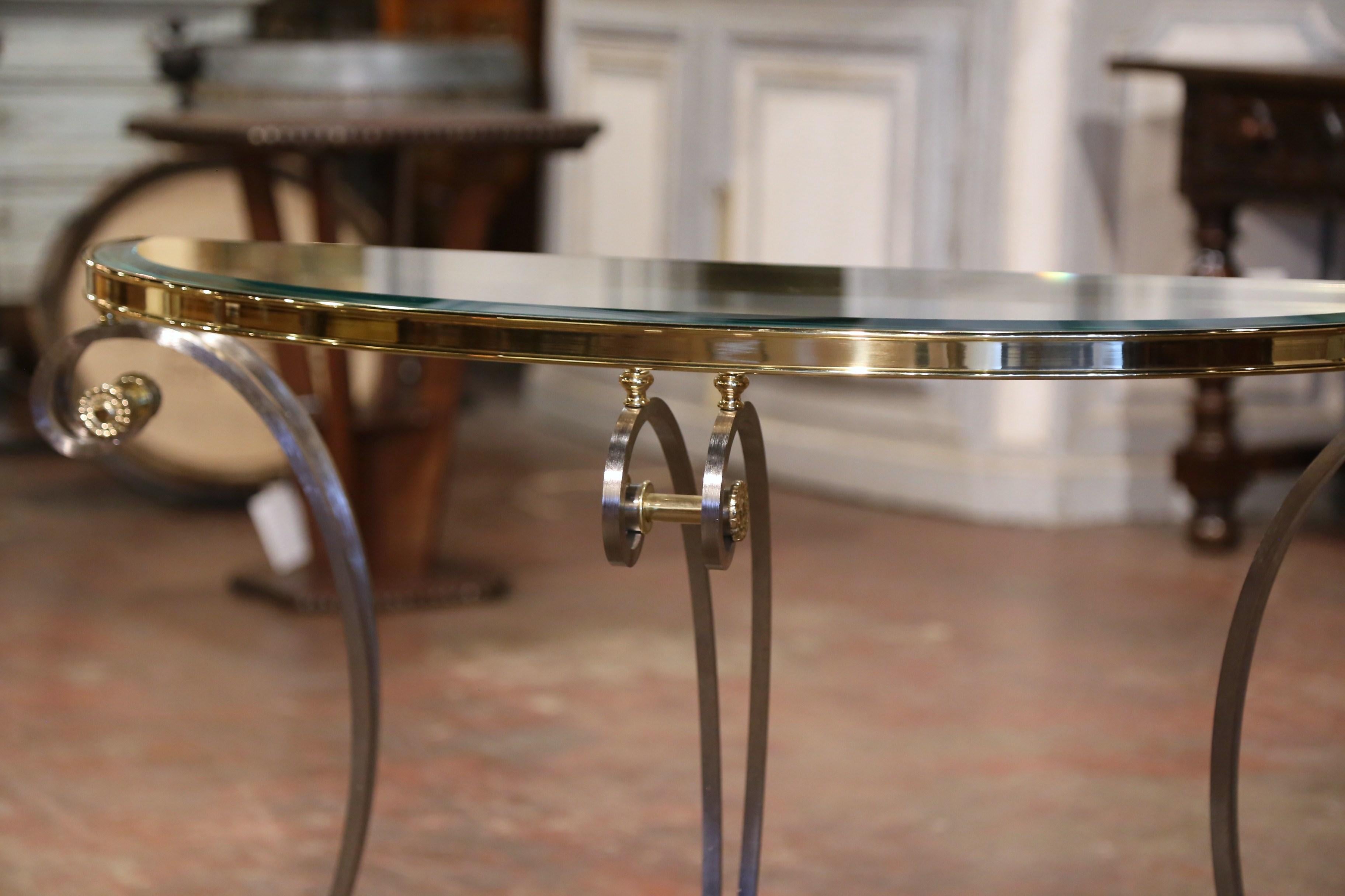 Neoclassical Vintage French Jansen Style Brushed Steel and Brass Glass Top Demilune Console 
