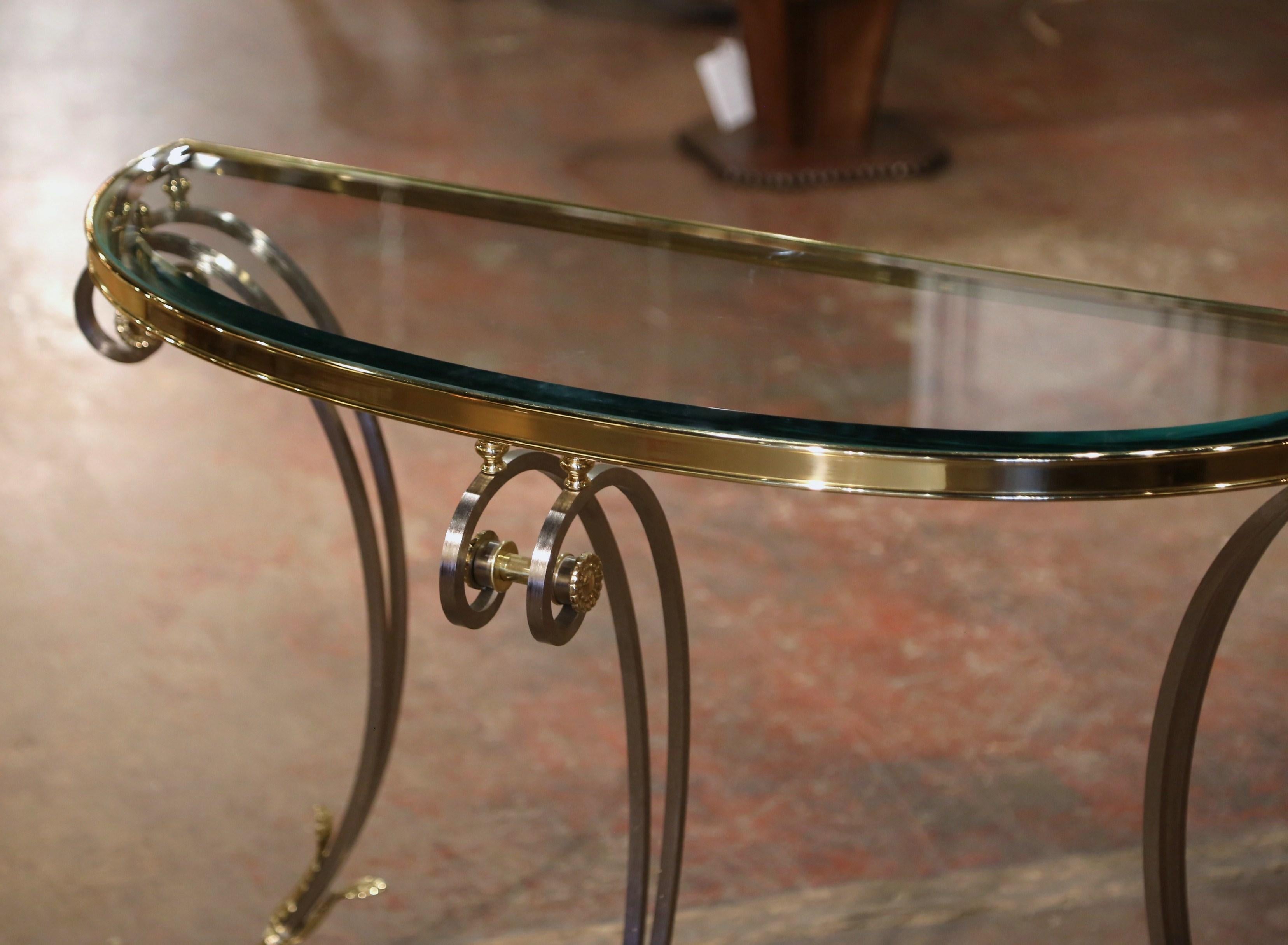 Vintage French Jansen Style Brushed Steel and Brass Glass Top Demilune Console  In Excellent Condition In Dallas, TX
