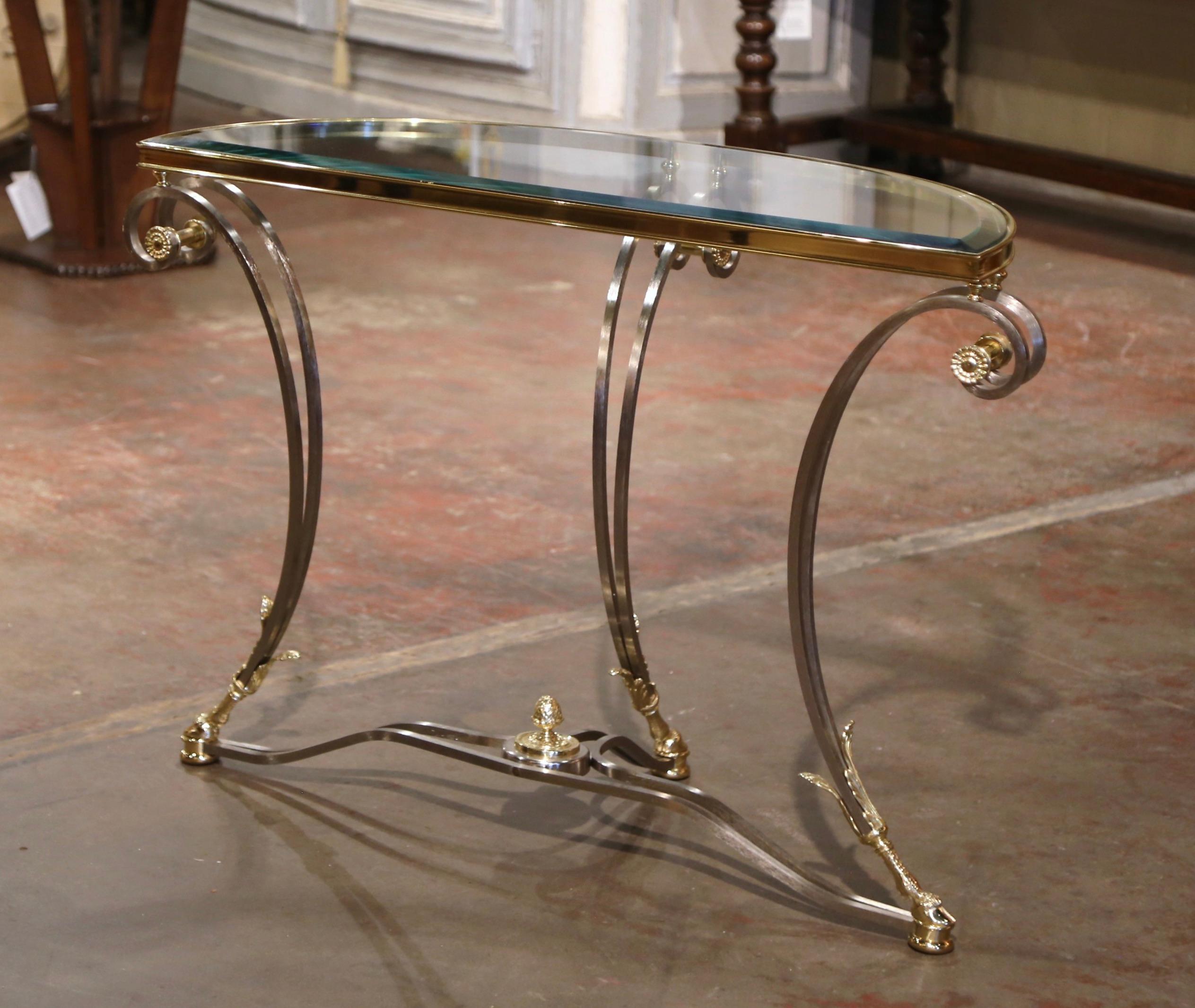 Vintage French Jansen Style Brushed Steel and Brass Glass Top Demilune Console  4