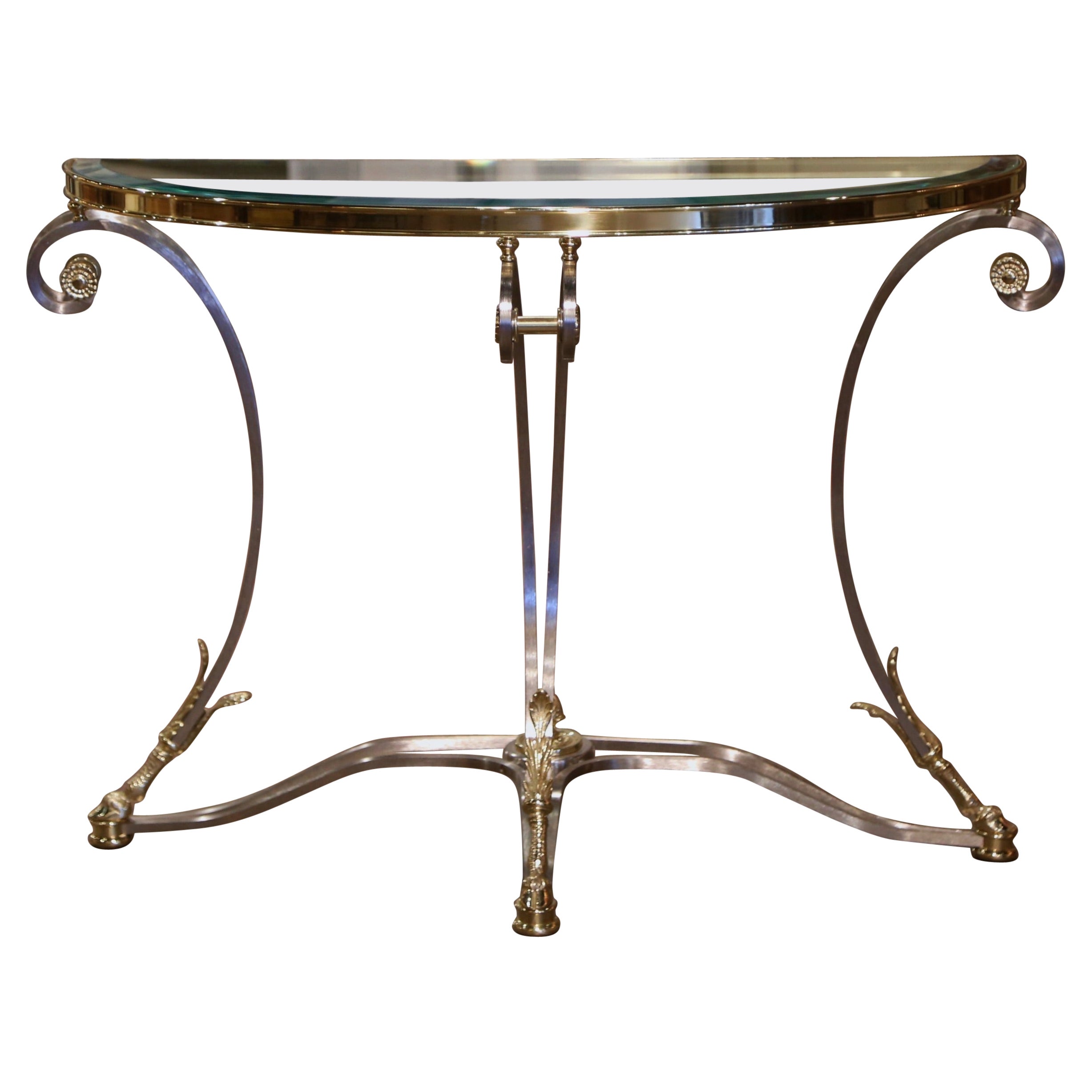 Vintage French Jansen Style Brushed Steel and Brass Glass Top Demilune Console