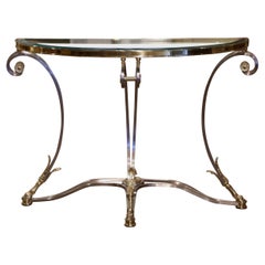 Vintage French Jansen Style Brushed Steel and Brass Glass Top Demilune Console