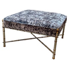 Vintage French Jansen Style Steel and Brass Upholstered Ottoman