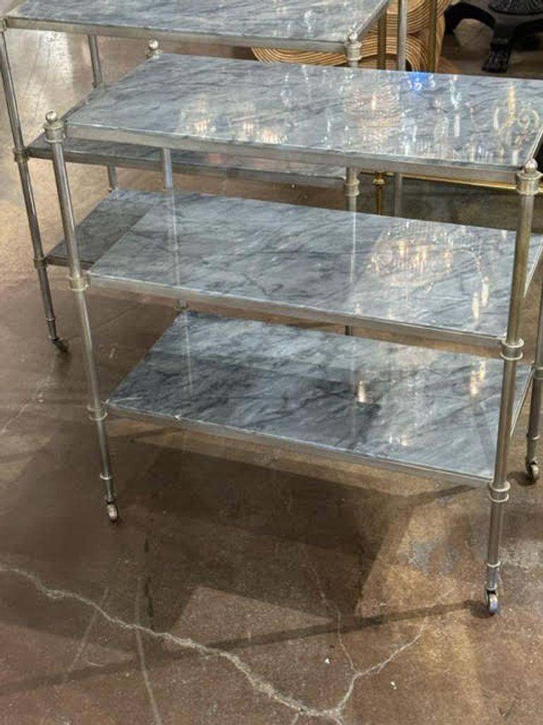 Vintage French Jansen Style Steel and Marble Etagere Tables In Good Condition For Sale In Dallas, TX