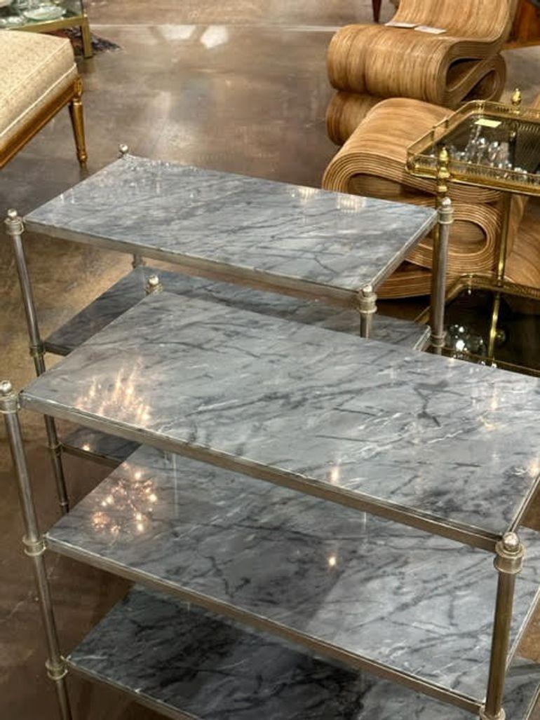 Vintage French Jansen Style Steel and Marble Etagere Tables For Sale 2