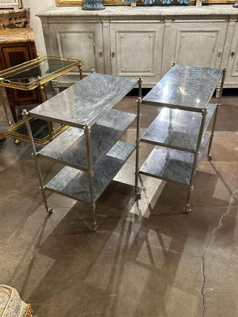 Vintage French Jansen Style Steel and Marble Etagere Tables For Sale 4