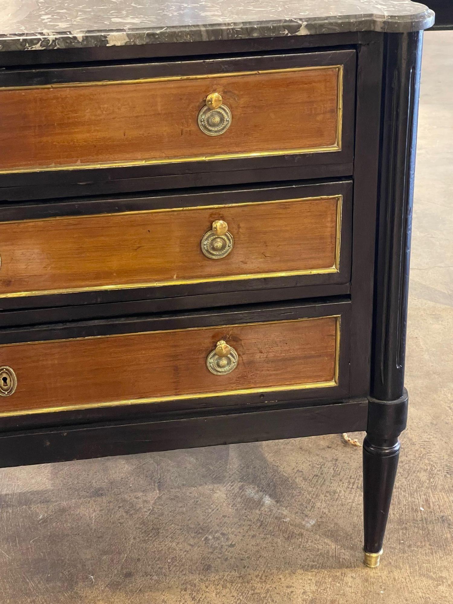 Vintage French Jansen Walnut and Black Lacquered Louis XVI Style Commode In Good Condition For Sale In Dallas, TX
