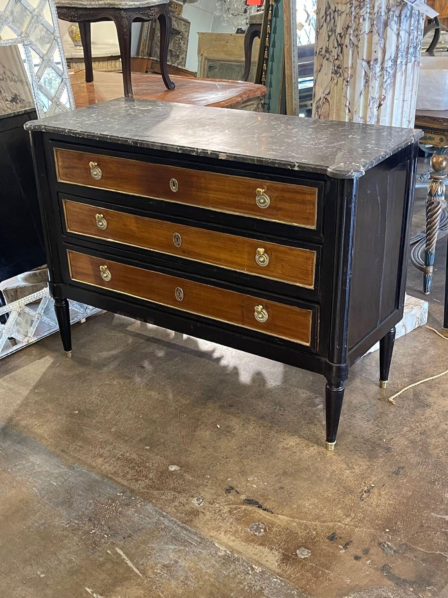 Vintage French Jansen Walnut and Black Lacquered Louis XVI Style Commode For Sale 1