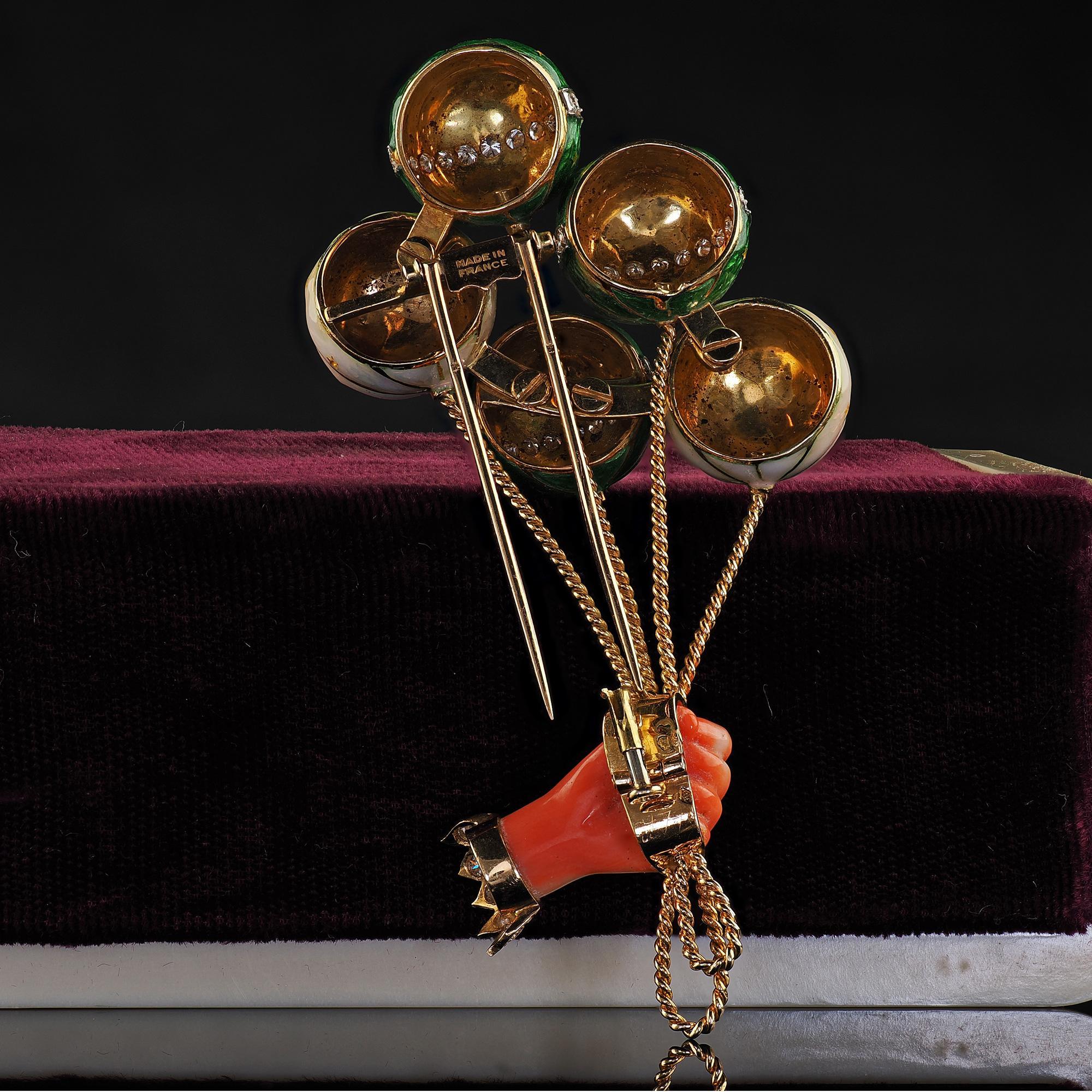 Retro Vintage French Jean Thierry Bondt 18K Yellow Gold Balloon Diamond Coral Pin For Sale