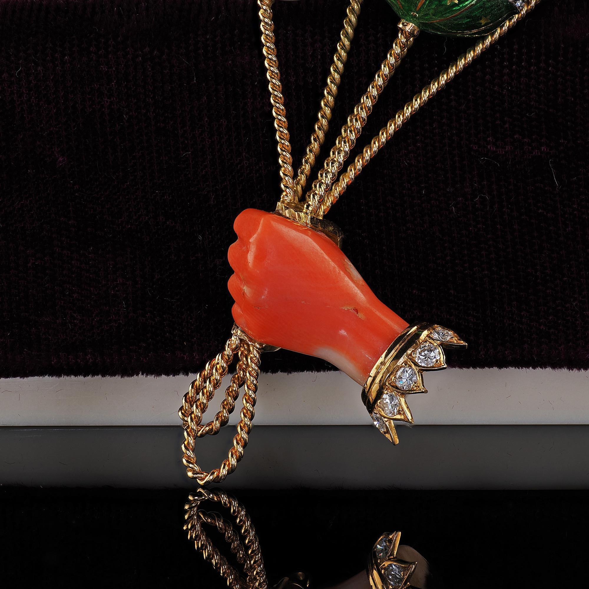 Vintage French Jean Thierry Bondt 18K Yellow Gold Balloon Diamond Coral Pin In Good Condition For Sale In Great Neck, NY