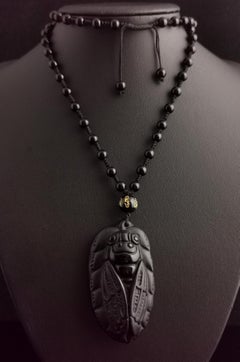 Vintage French Jet Cicada Pendant Necklace, Beaded