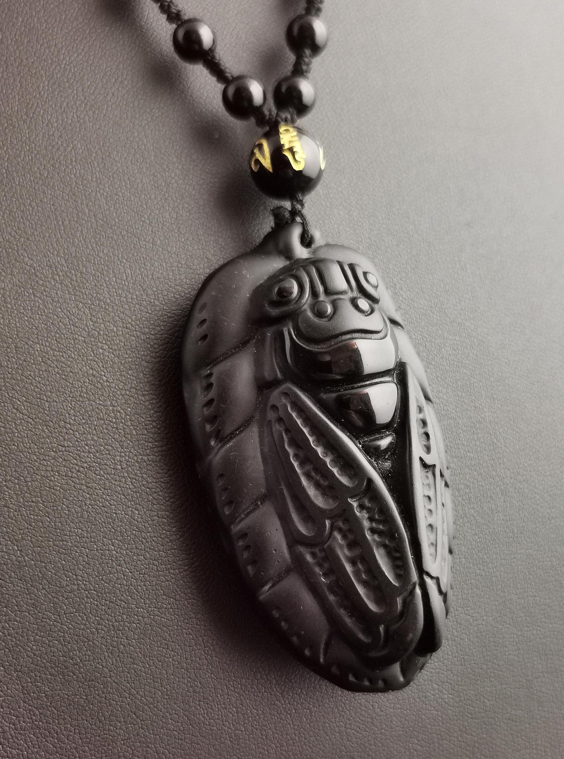 Egyptian Revival Vintage French Jet Cicada Pendant Necklace, Beaded