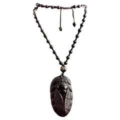 Vintage French Jet Cicada Pendant Necklace, Beaded