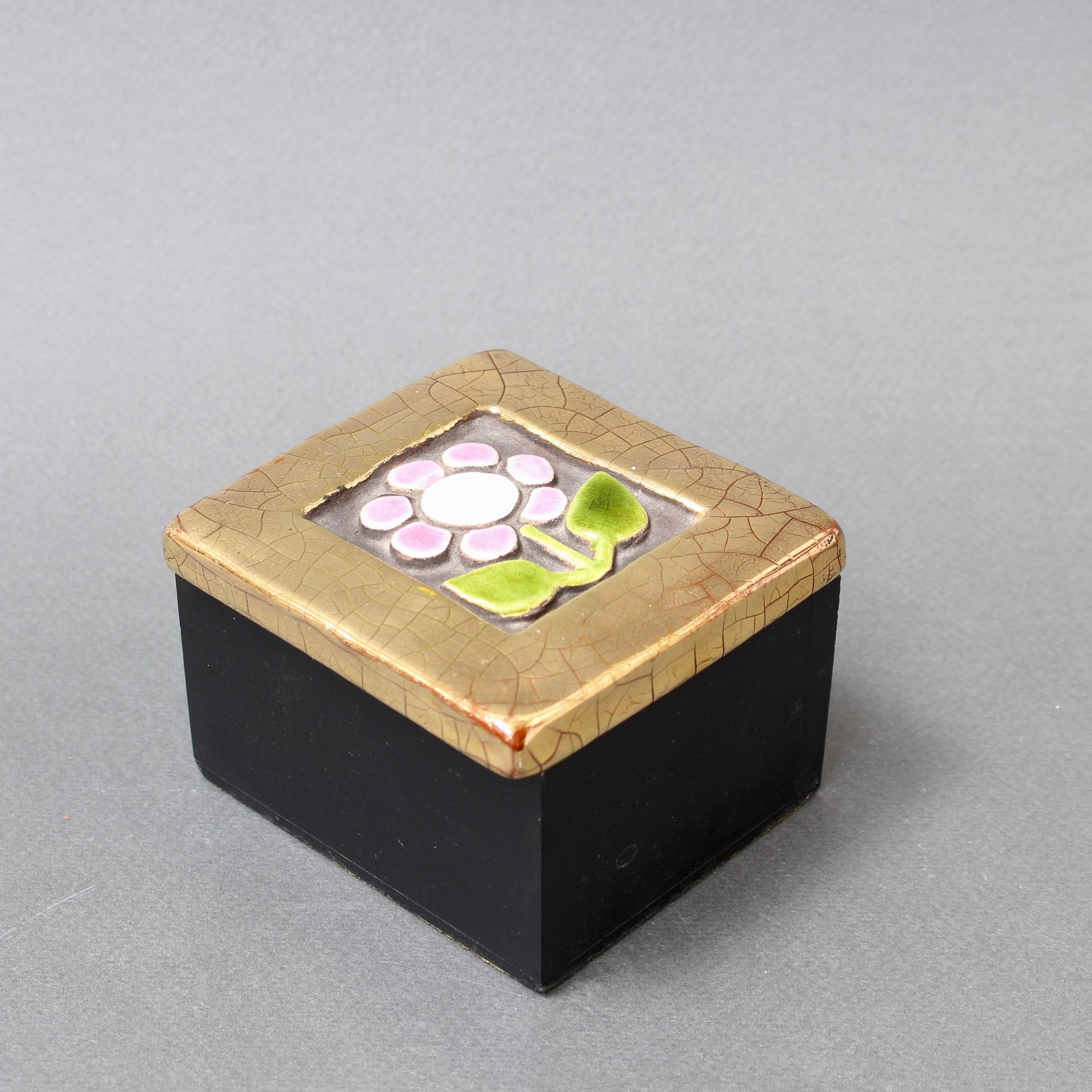 Mid-20th Century Vintage French Jewellery Box with Decorative Ceramic Lid by Mithé Espelt  For Sale