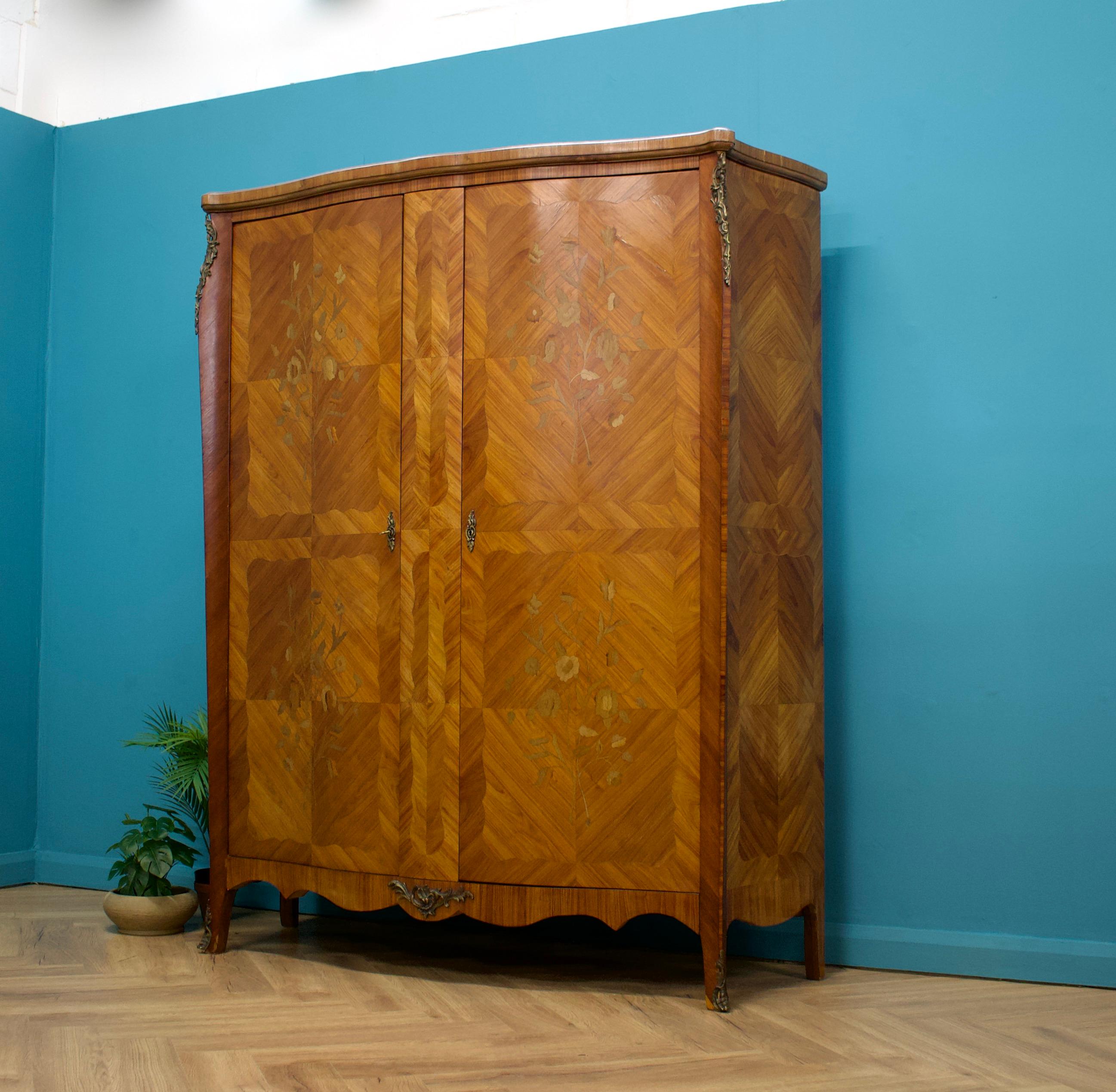 Art Nouveau Vintage French Kingwood & Satinwood Marquetry Wardrobe / Linen Cupboard, 1910s
