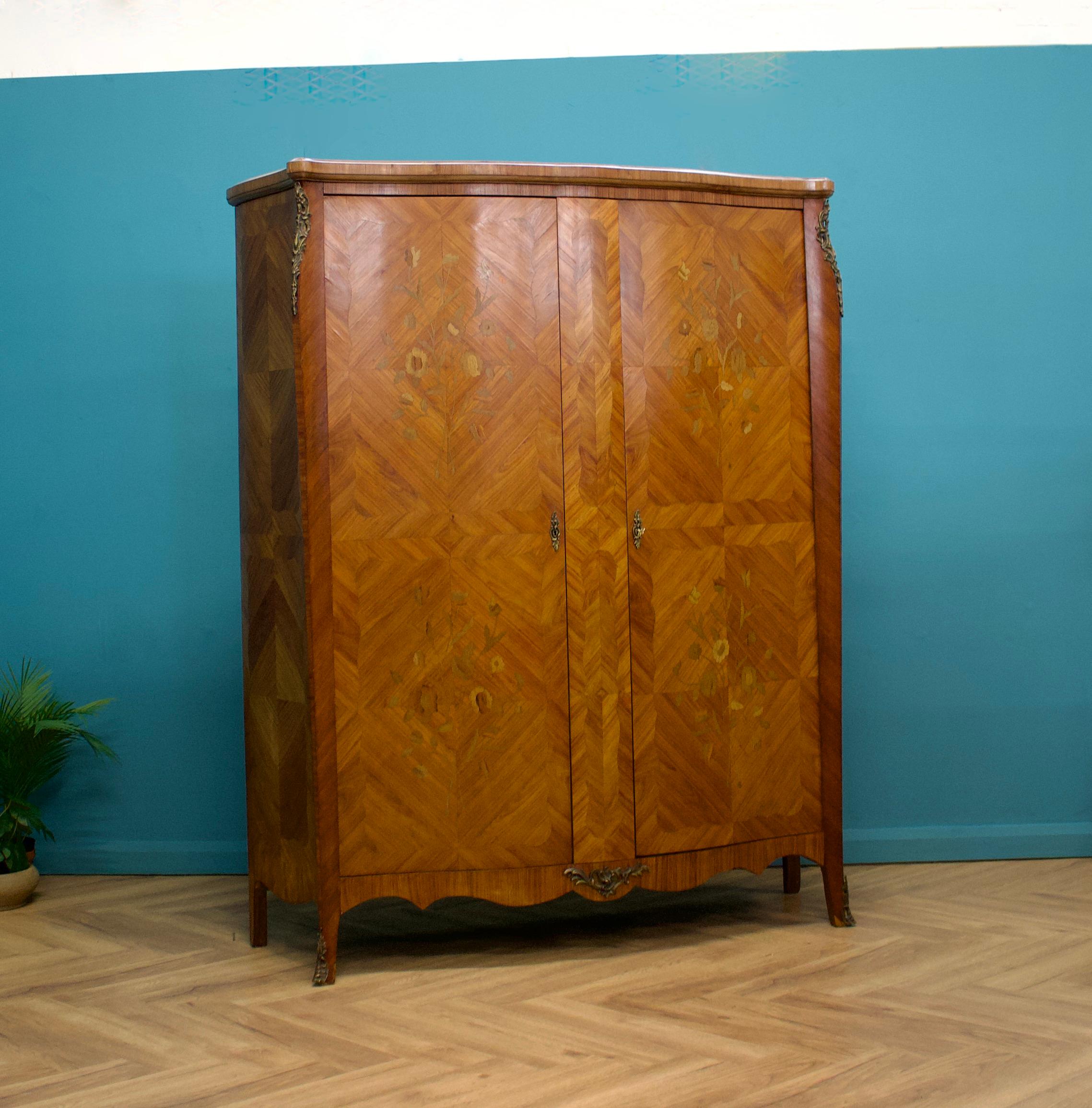Woodwork Vintage French Kingwood & Satinwood Marquetry Wardrobe / Linen Cupboard, 1910s