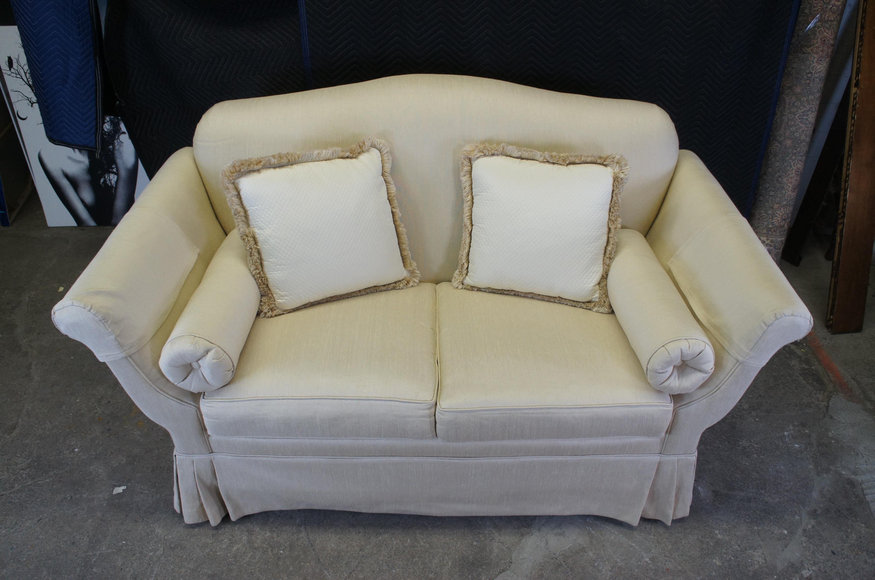 Vintage French Knole Style Silk Down Filled High Arm Loveseat Settee Sofa Couch In Good Condition For Sale In Dayton, OH
