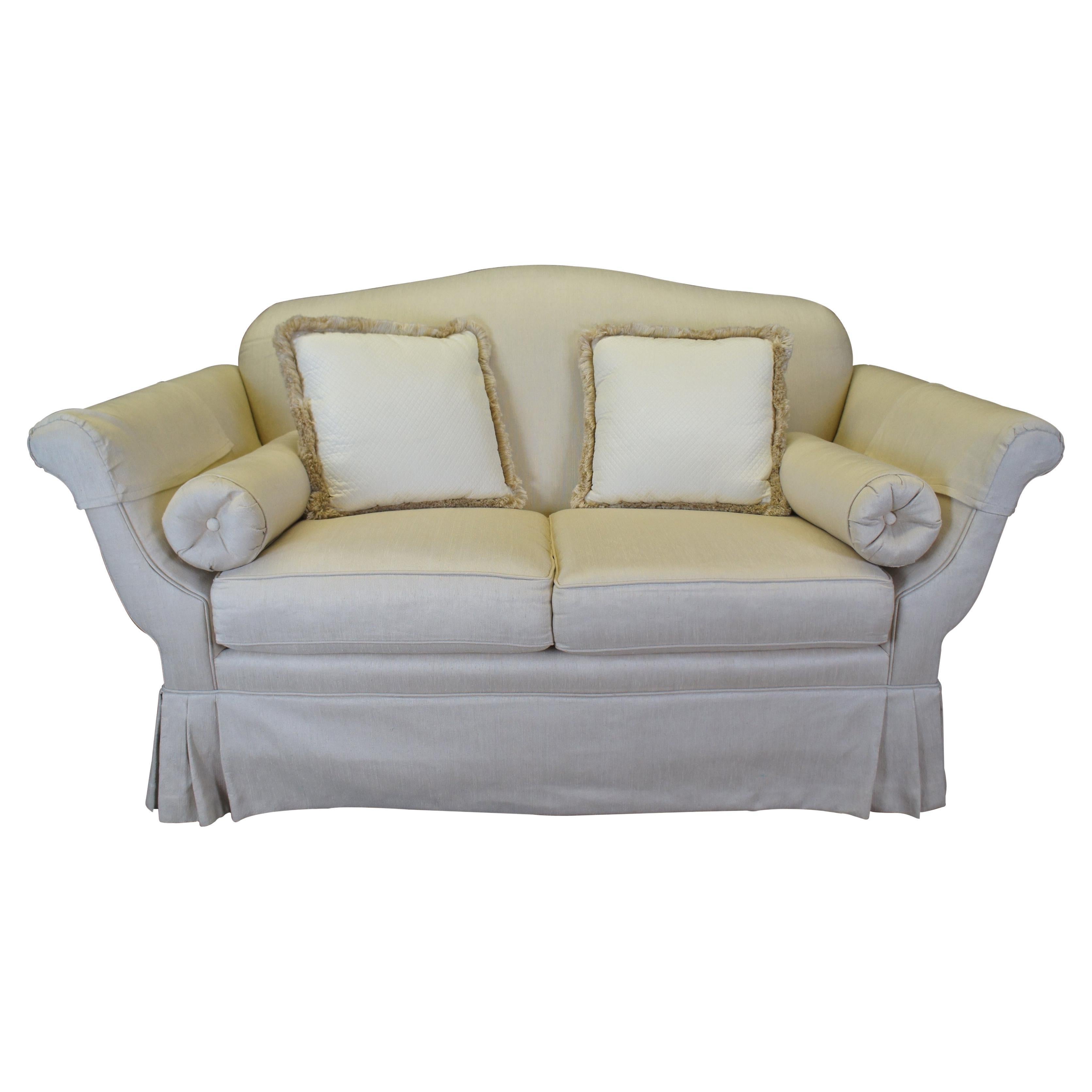 Vintage French Knole Style Silk Down Filled High Arm Loveseat Settee Sofa Couch For Sale