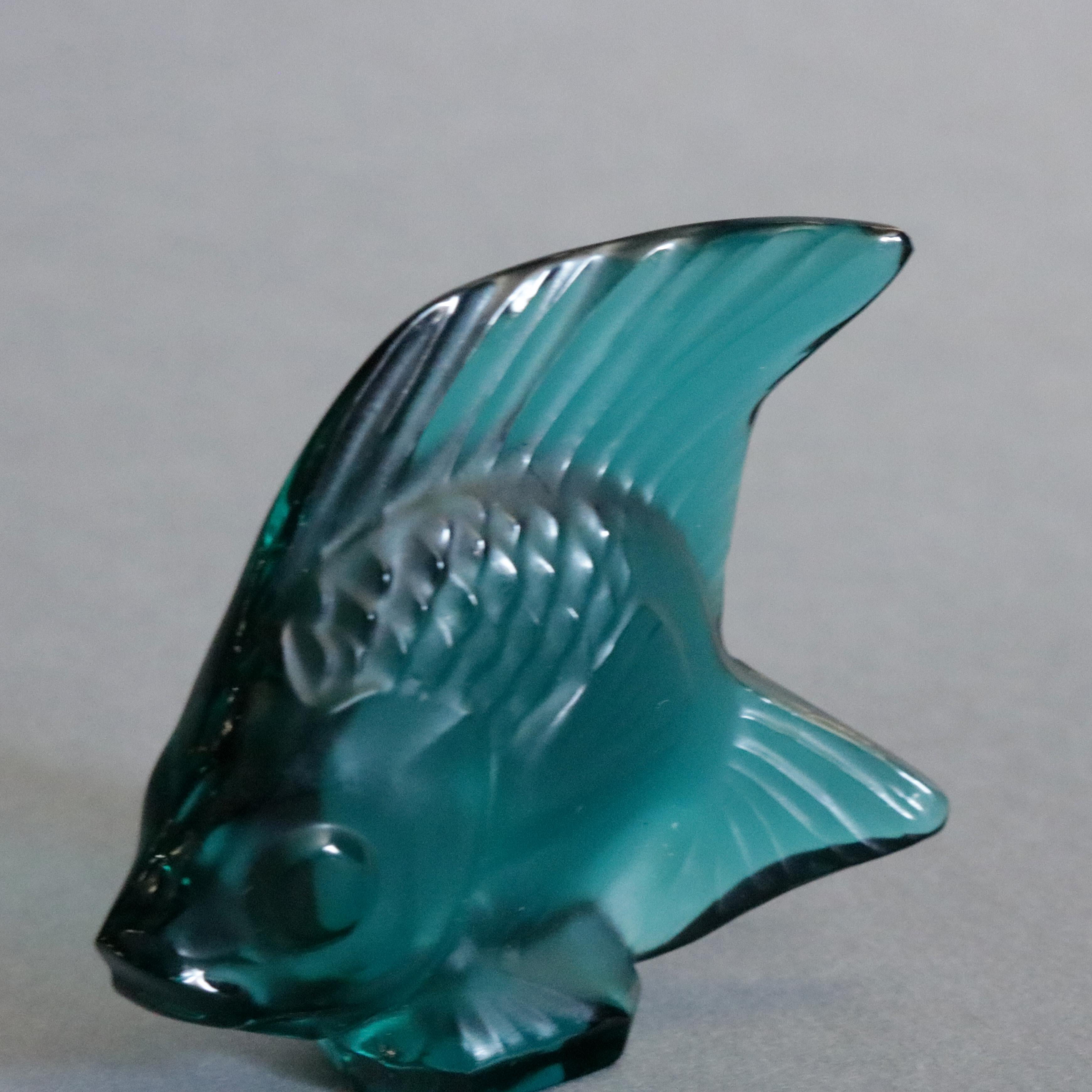 A vintage figural French Lalique art glass sculpture offers an angel fish in teal blue, signed as photographed, 20th century

Measures- 2