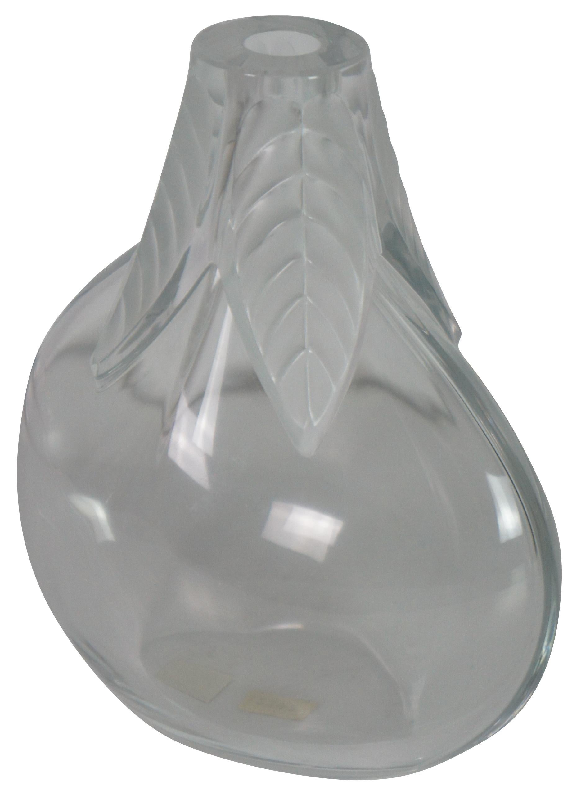 Vintage Lalique France Osumi Leaf crystal bottle shaped vase with a border of frosted leaves around the mouth. 12302. Measure: 7