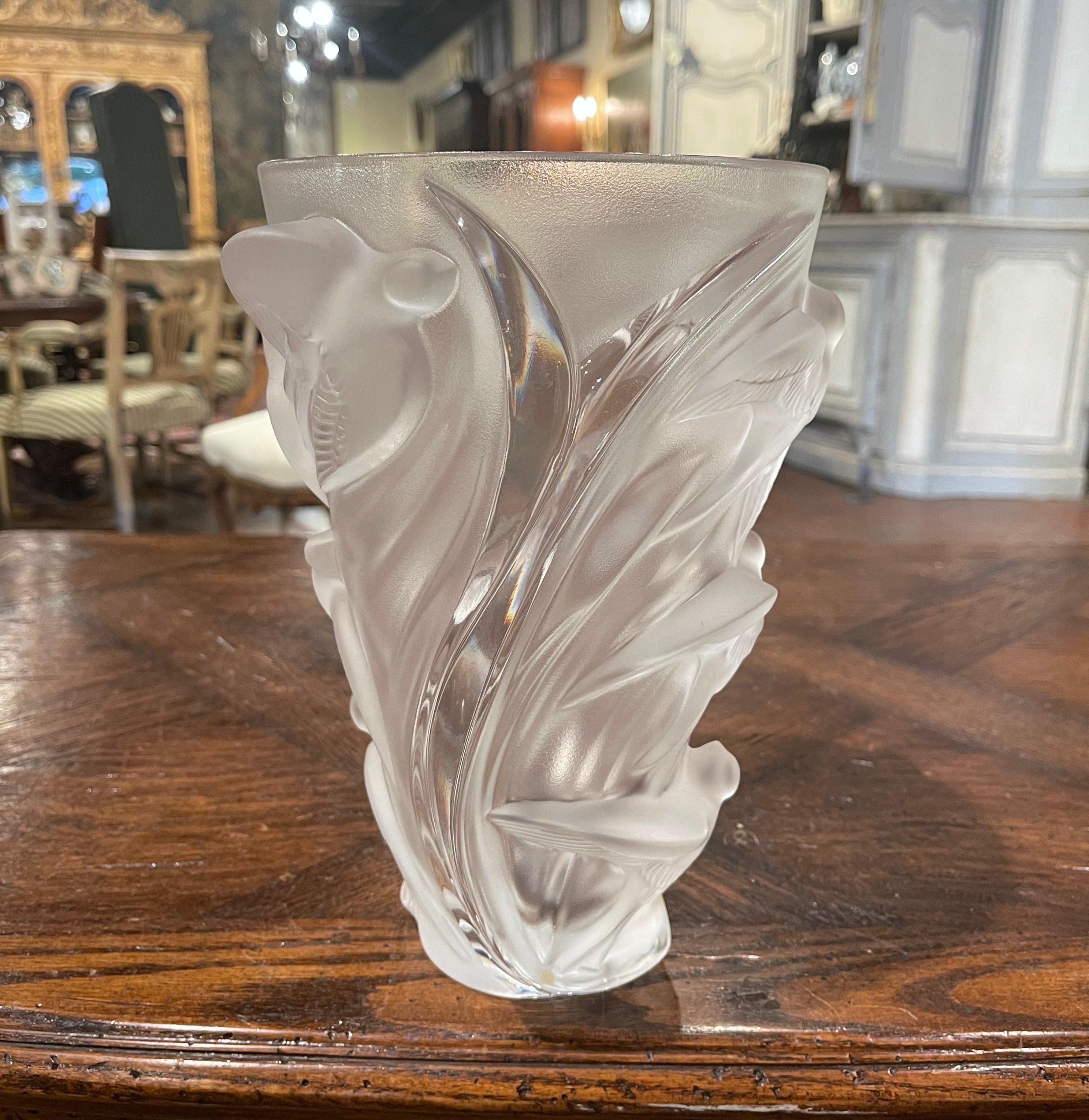 Frosted Vintage French Lalique Crystal Vase with Dove Motifs