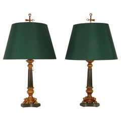 Vintage French Lamps Napoleonic Empire Green Gold Gilded Bouillotte Table Lamps