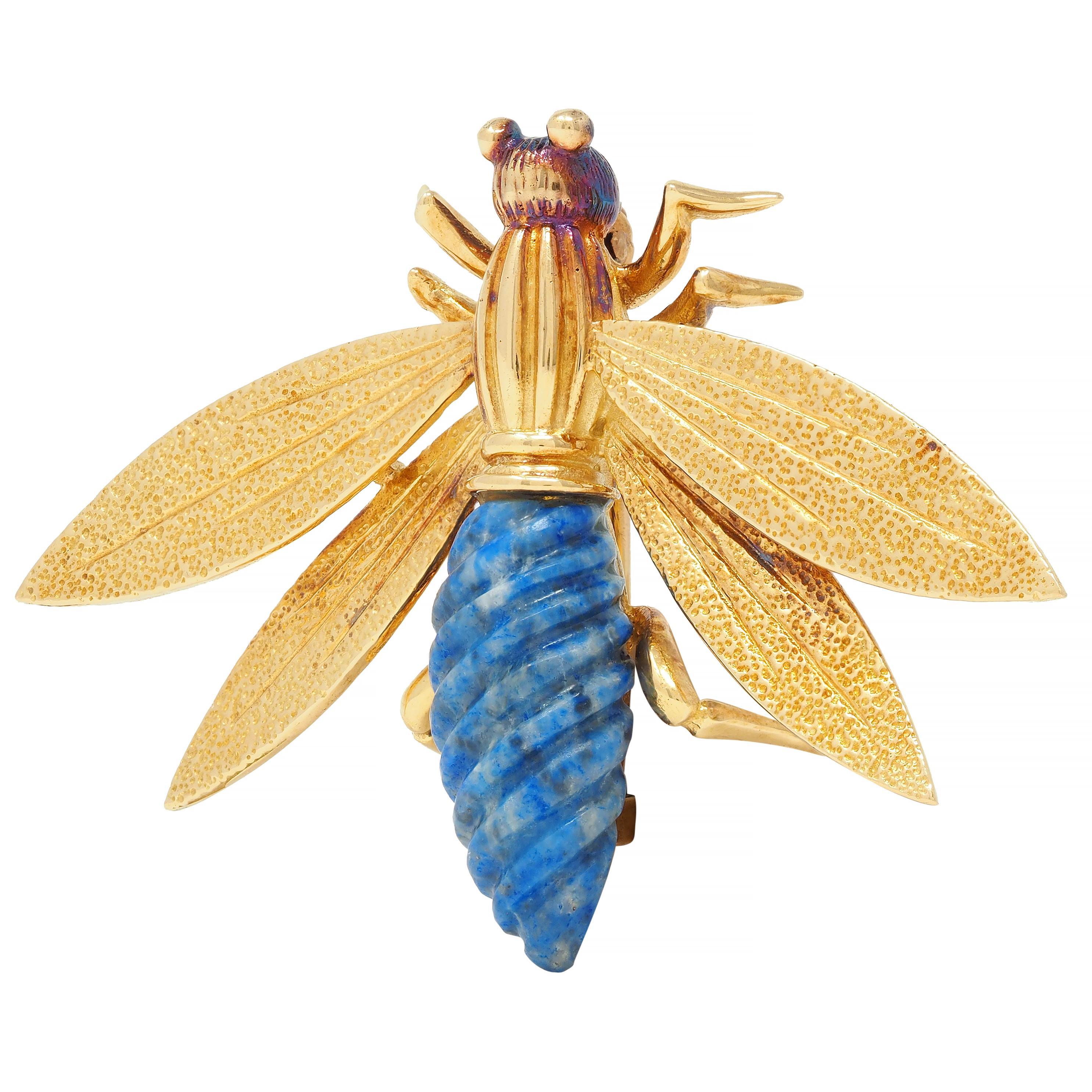 Vintage French Lapis Lazuli 18 Karat Yellow Gold Bug Brooch In Excellent Condition For Sale In Philadelphia, PA