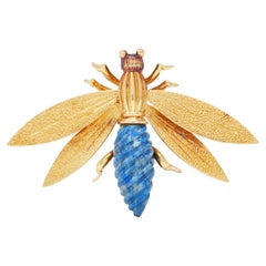 Broche insecte française vintage en or jaune 18 carats et lapis-lazuli