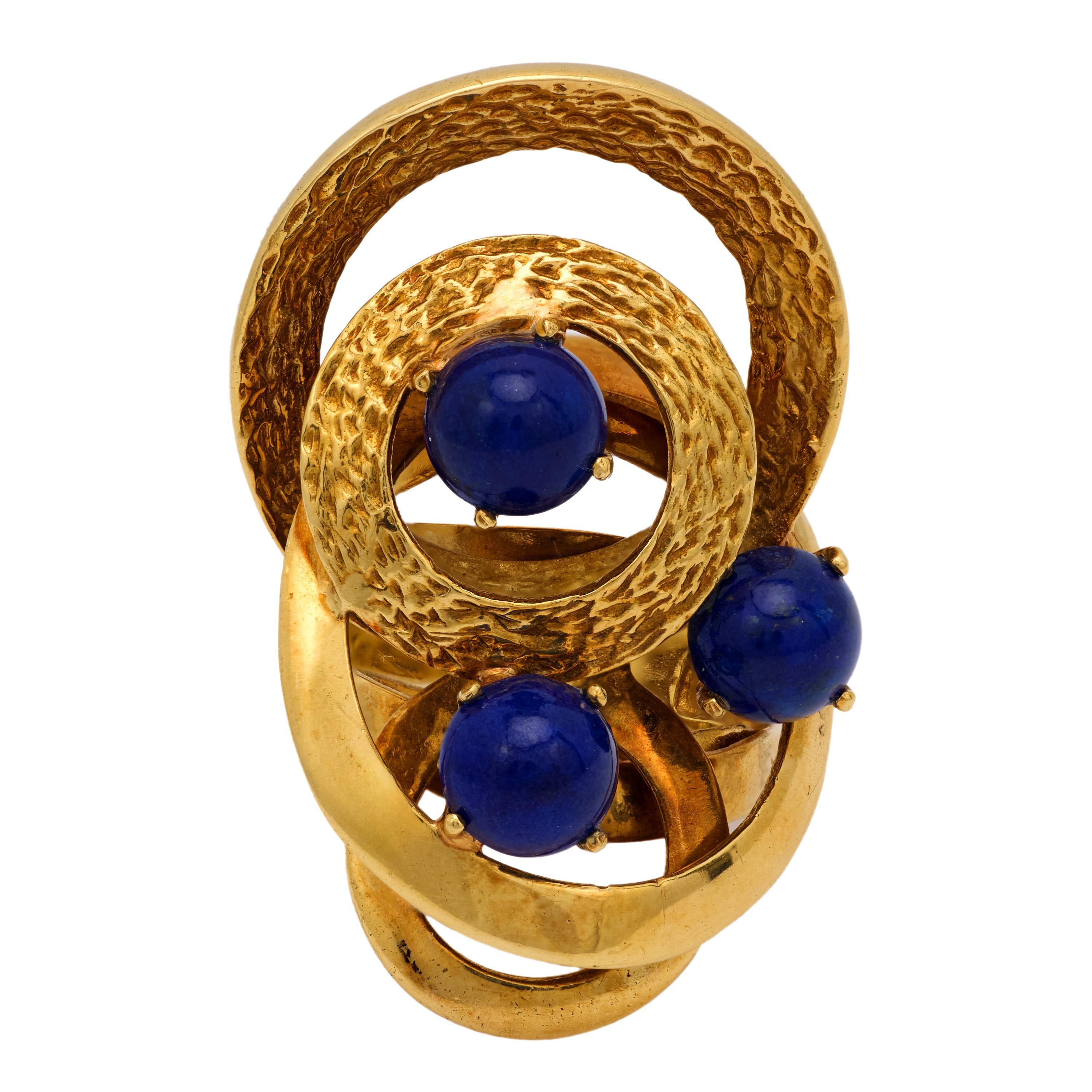Moderne Bague de cocktail vintage en lapis-lazuli français et or jaune 18 carats en vente