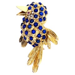 Vintage French Lapis Lazuli Diamond Ruby 18 Karat Gold Bird Brooch