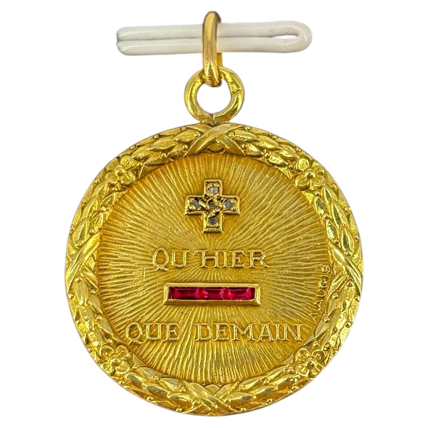Vintage French Large Augis 18-Karat Gold Diamond and Ruby Love Token Medal 6.20g