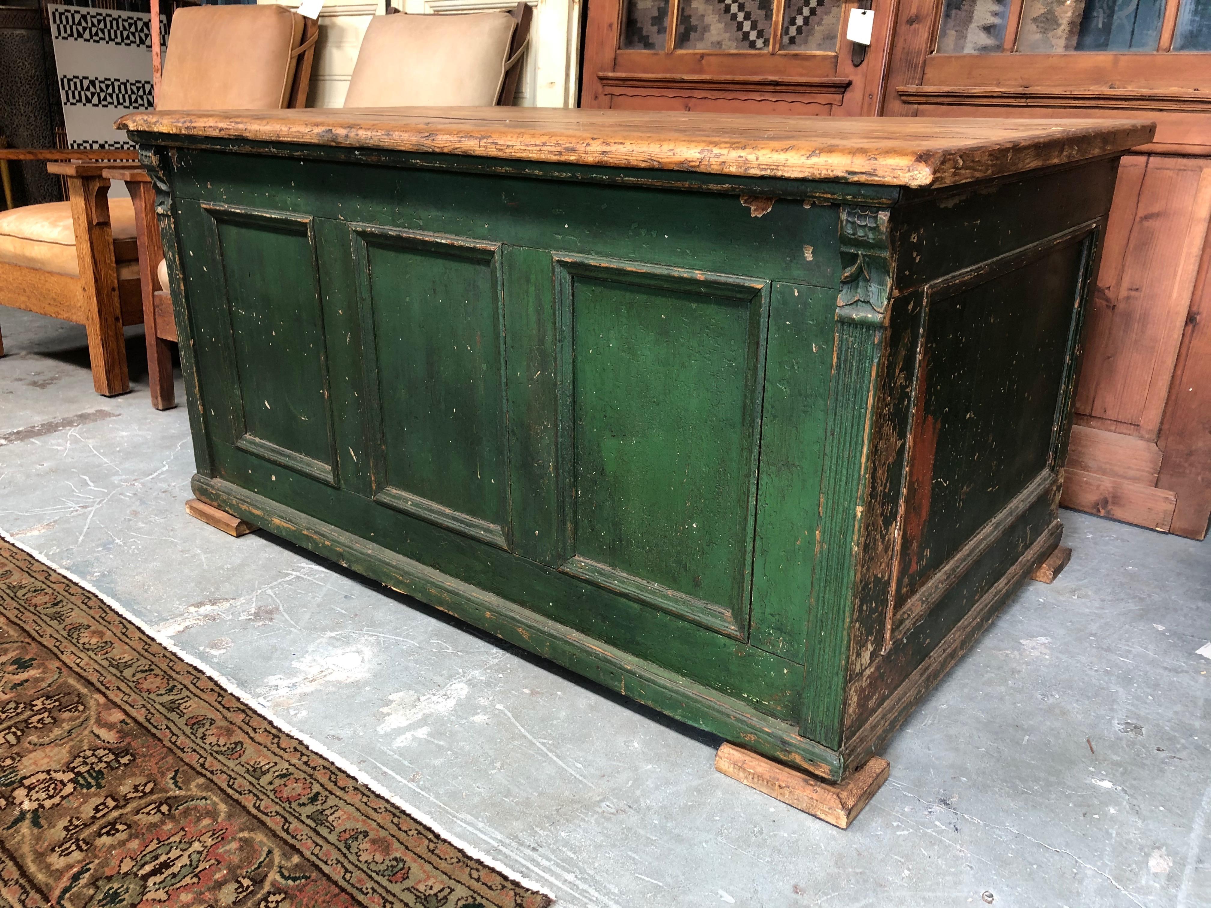 This vintage french desk is painted with a beautiful dark green color. Can be used as a desk or counter. 
 