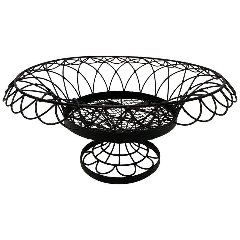 Vintage French Large Woven Black Metal Basket Centerpiece For Sale at