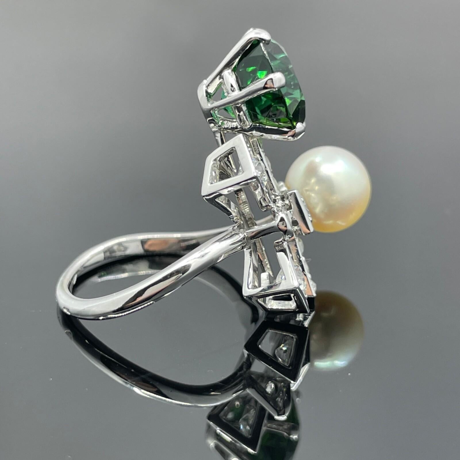 Tourmalina francesa vintage Art Decó tardía, diamante y perla Akoya 18k 5,06ctw en Excelente estado para la venta en Orlando, FL