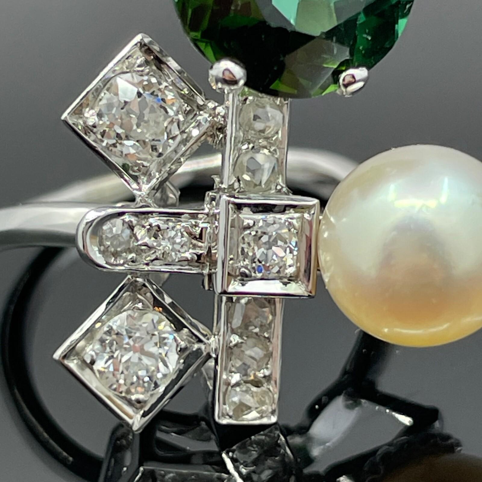De las mujeres Tourmalina francesa vintage Art Decó tardía, diamante y perla Akoya 18k 5,06ctw en venta