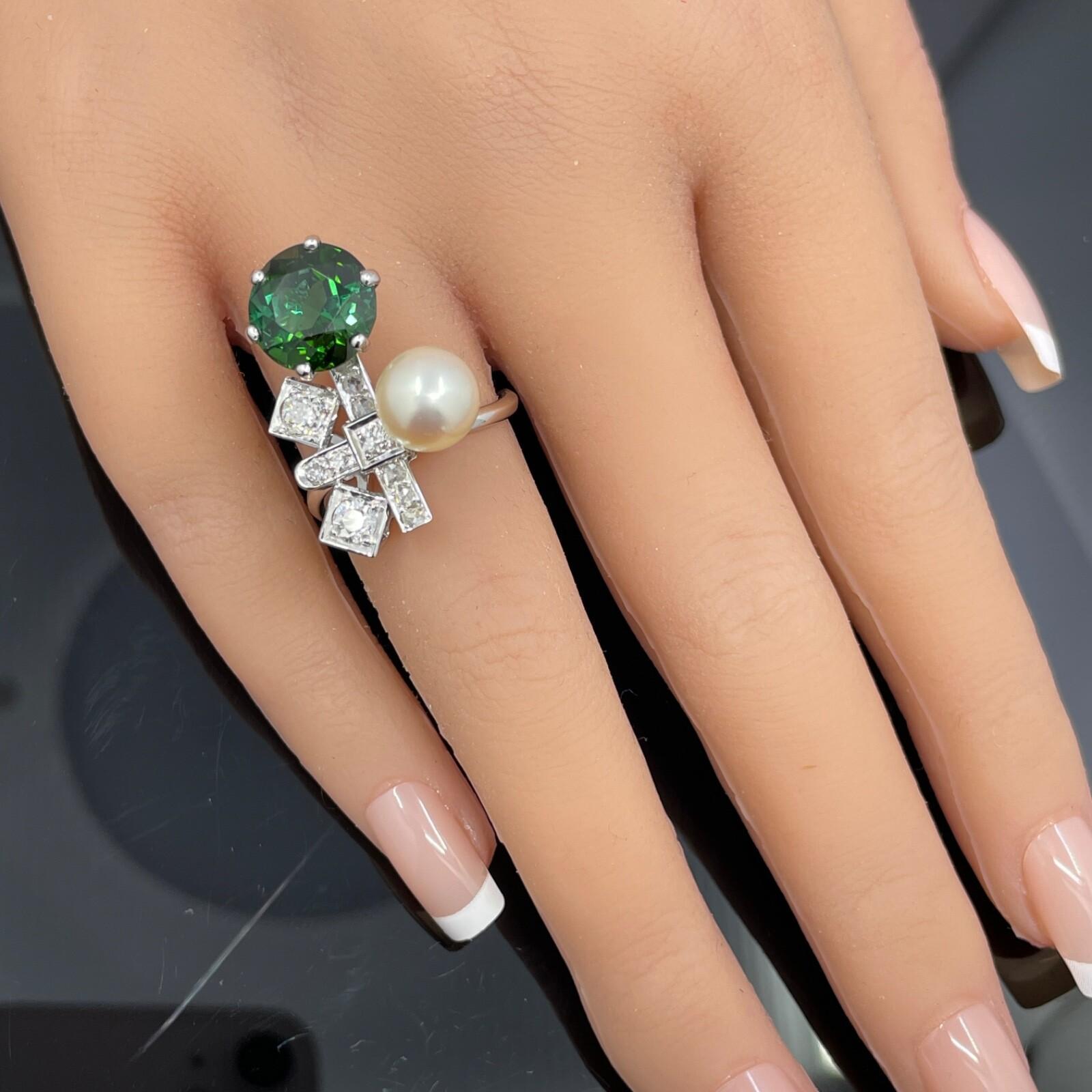 Tourmalina francesa vintage Art Decó tardía, diamante y perla Akoya 18k 5,06ctw en venta 2