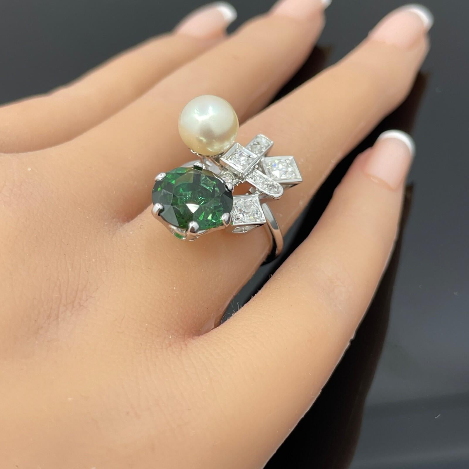 Tourmalina francesa vintage Art Decó tardía, diamante y perla Akoya 18k 5,06ctw en venta 3