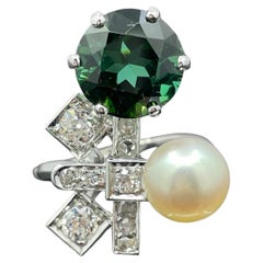 Antique French Late Art Deco Tourmaline, Diamond & Akoya Pearl 18k 5.06ctw