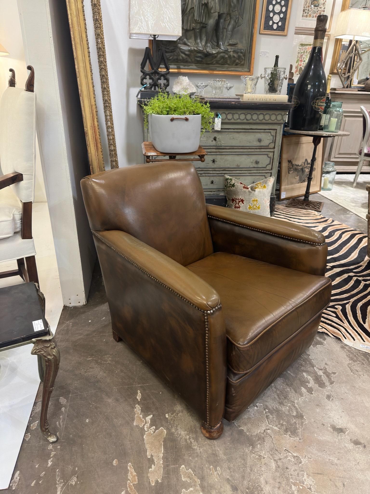 20th Century Vintage French Leather Chair with Nailhead Detail For Sale