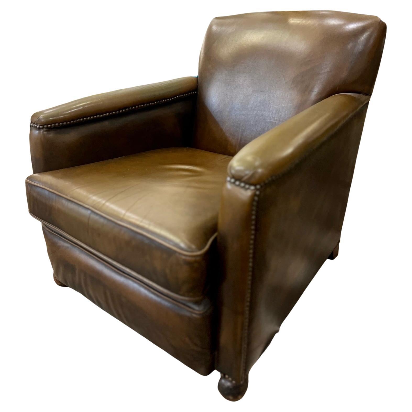 Vintage French Leather Chair with Nailhead Detail For Sale