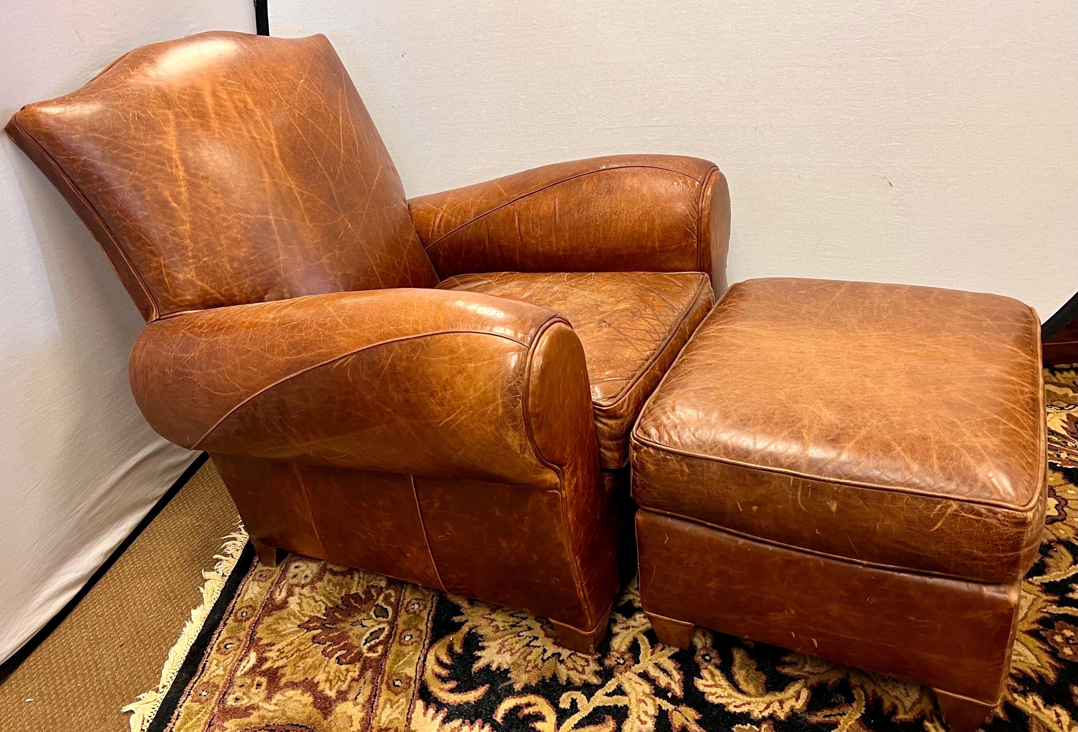 Vintage French Leather Cigar Club Chair and Matching Ottoman In Good Condition In West Hartford, CT