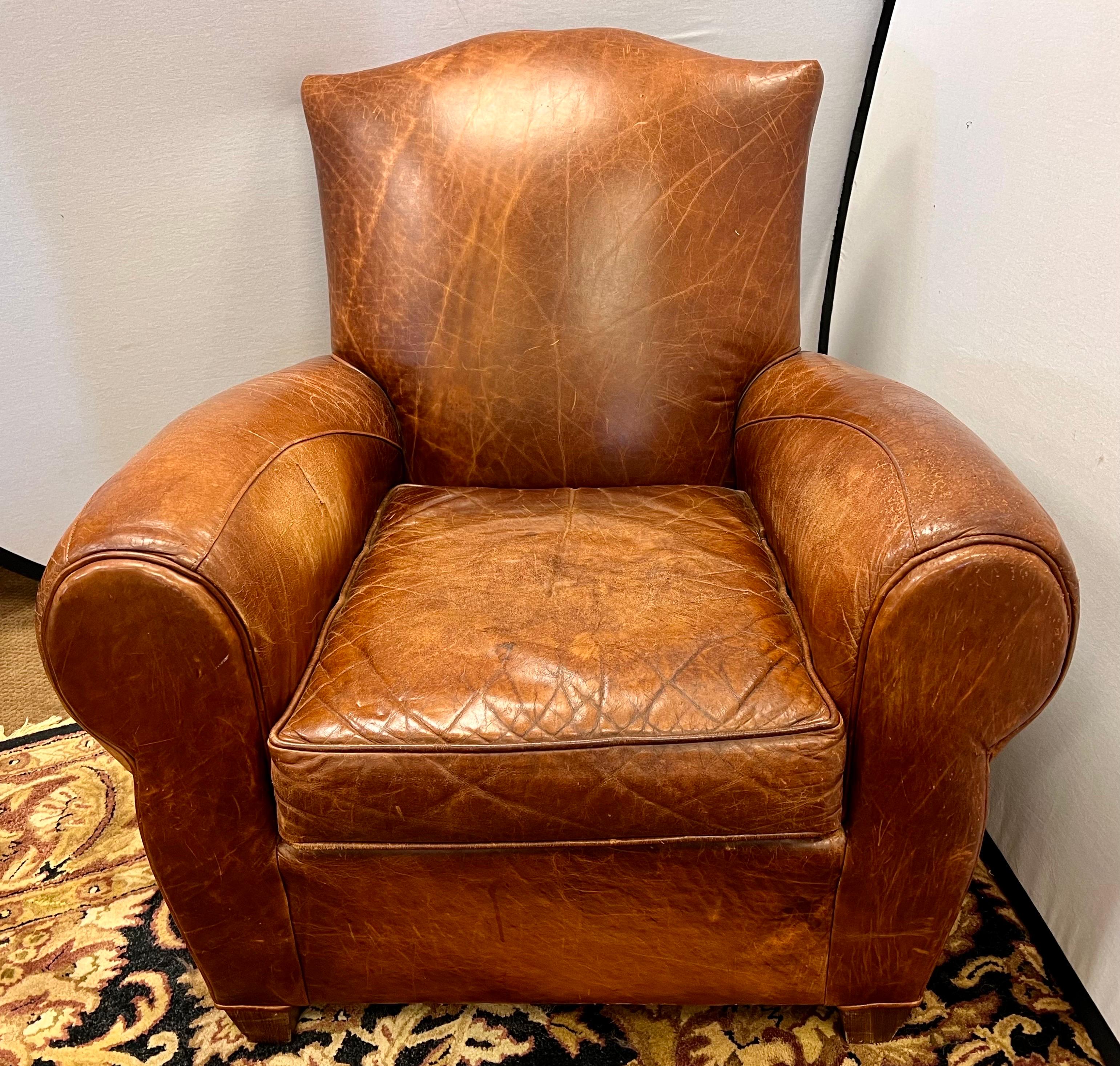 20th Century Vintage French Leather Cigar Club Chair and Matching Ottoman