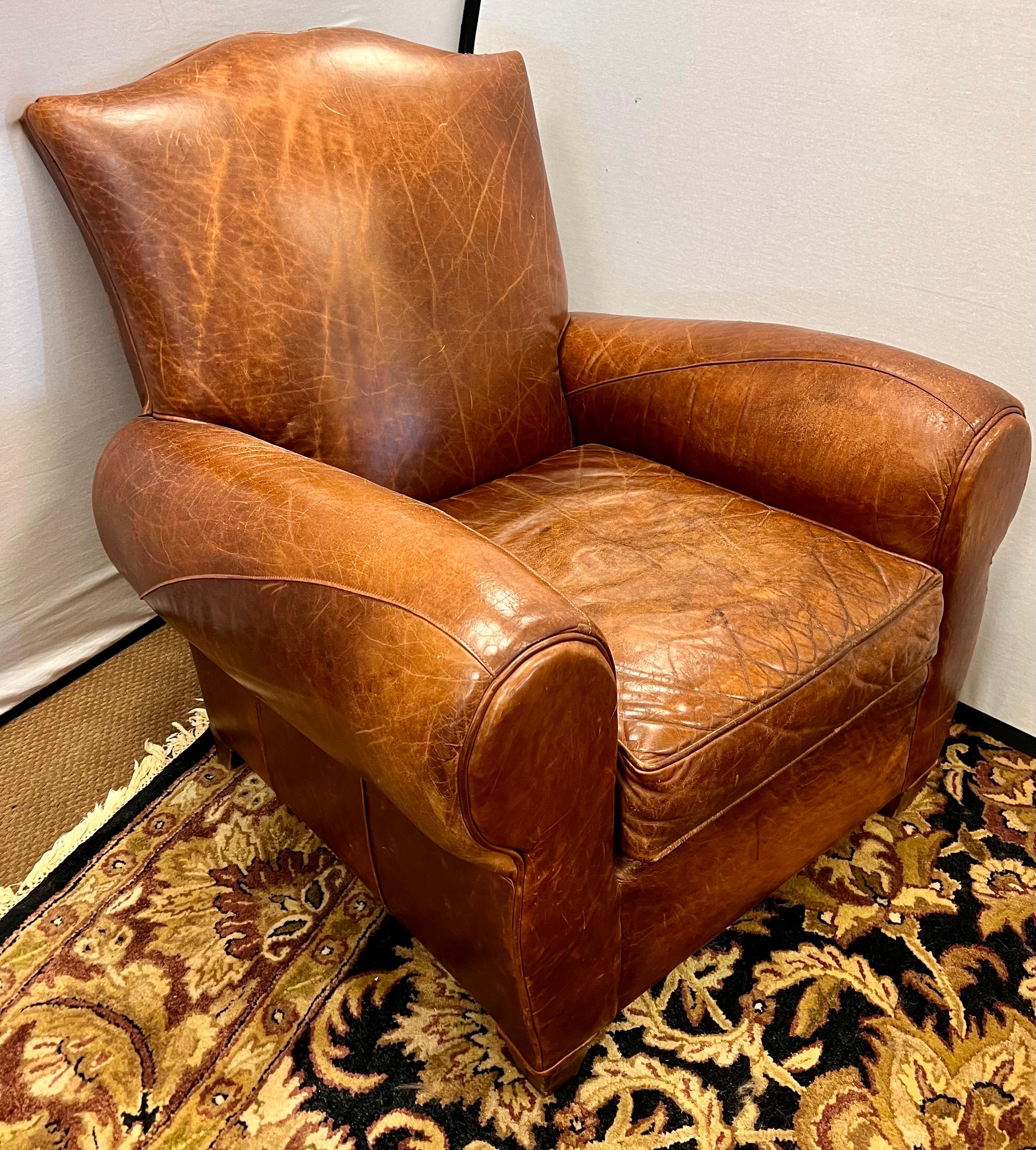 Vintage French Leather Cigar Club Chair and Matching Ottoman 1